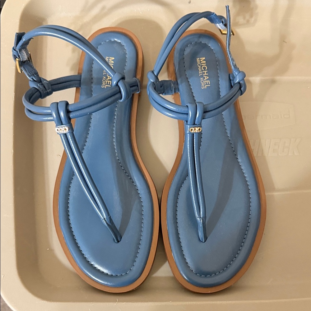 Michael Kors Sky Blue Leather Sandals with Gold Accent Sz.11